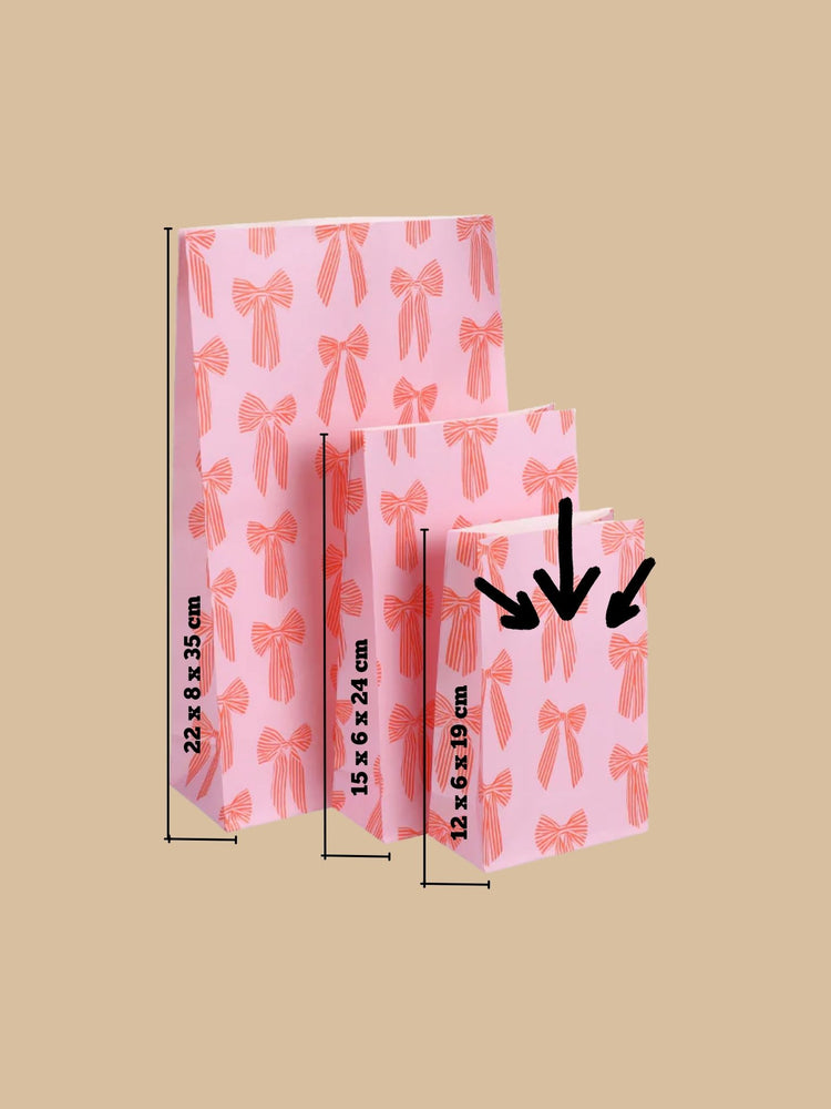 Block Bottom Bag Schleifenmotiv Orange-Rot auf rosafarbenem Hintergrund - Größendarstellung 1