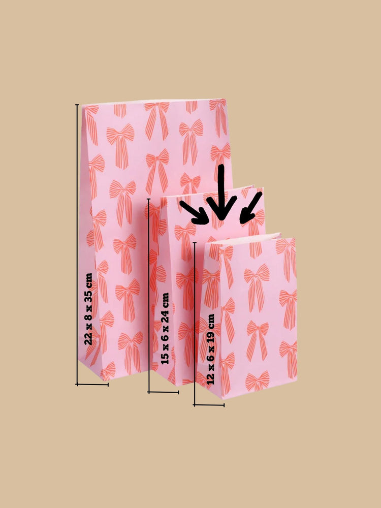 Block Bottom Bag Schleifenmotiv Orange-Rot auf rosafarbenem Hintergrund - Größendarstellung 2