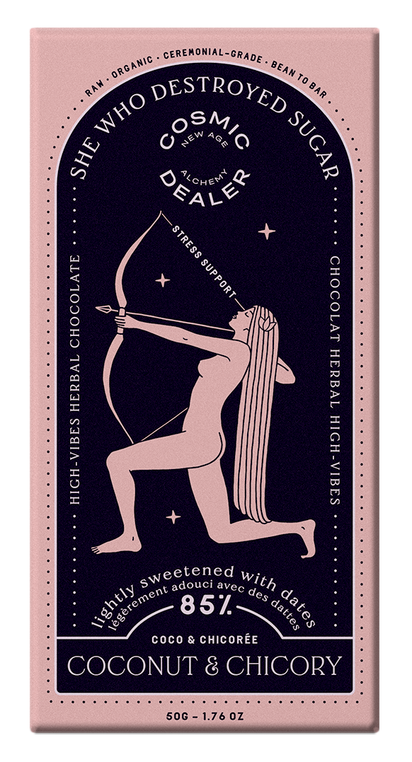 COSMIC DEALER - 85 % Zartbitterschokolade mit Kokosnuss & Chicorée: Unterstützung bei Stress; dargestellt in der Verpackung