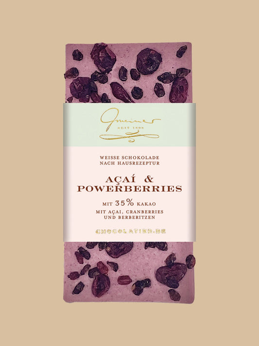 Weiße Tafel Schokolade "Acai & Powerberries" von der Gemeiner Confiserie