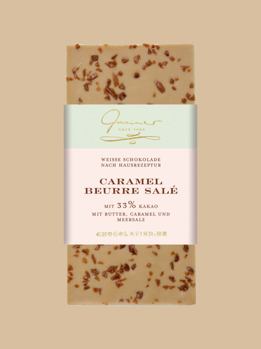 Weiße Tafel Schokolade "Caramel Beurre Salé" mit Karamellsplitter von der Gemeiner Confiserie