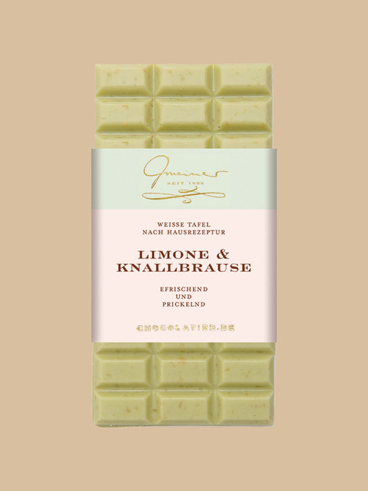 Weiße Schokoladentafel "Limone & Knallbrause" erfrischend und prickelnd von Gmeiner Confiserie