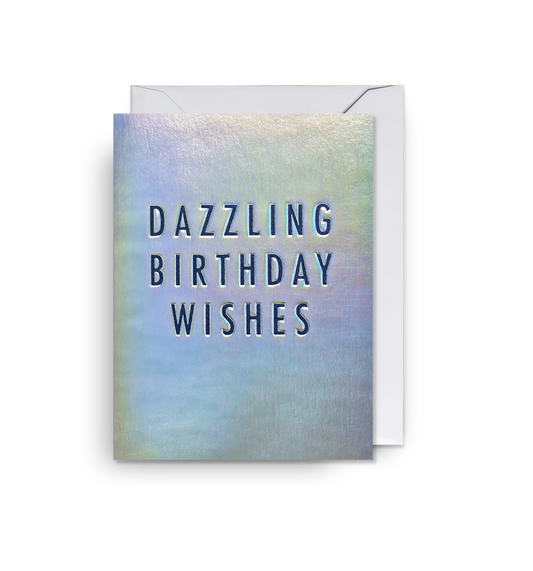 Mini-Grußkarte "DAZZLING BIRTHDAY WISHES" von Lagom Design in einem schimmernden, irisierenden Hintergrund mit blauer Schrift