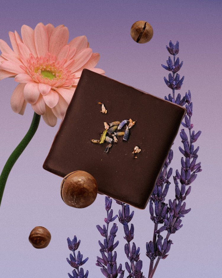 Cosmic Dealer 4er Box - Chakra Schokoladen-Täfelchen Wilder Lavendel & Macadamia