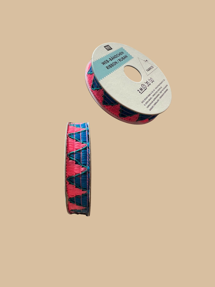 Rico Design - Ribbon Zacken Blau Neon-Pink, Ø 12 mm x 2 m