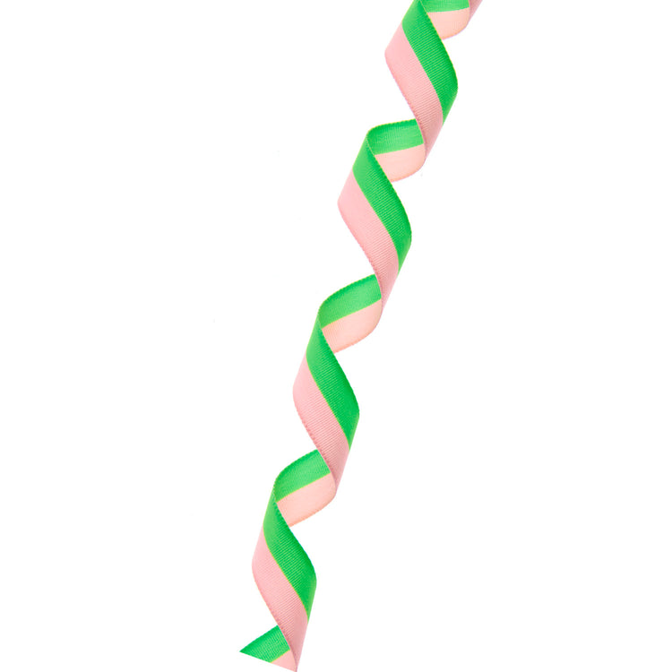 Geschenkband "Webband Duo Streifen Rosa Neon-Grün" von Rico Design in gedrehter Darstellung