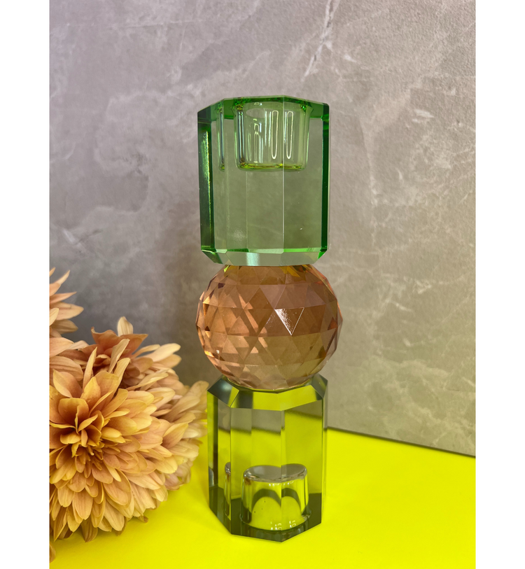 C'est Bon - Kerzenhalter Kristall Grün - Pfirsich - Oliv, 16,5 x 6 cm