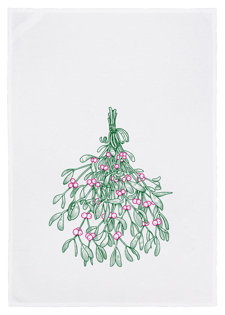 17;30 HAMBURG - Geschirrtuch "Mistelzweig" (Weiß, Grün-Pink)