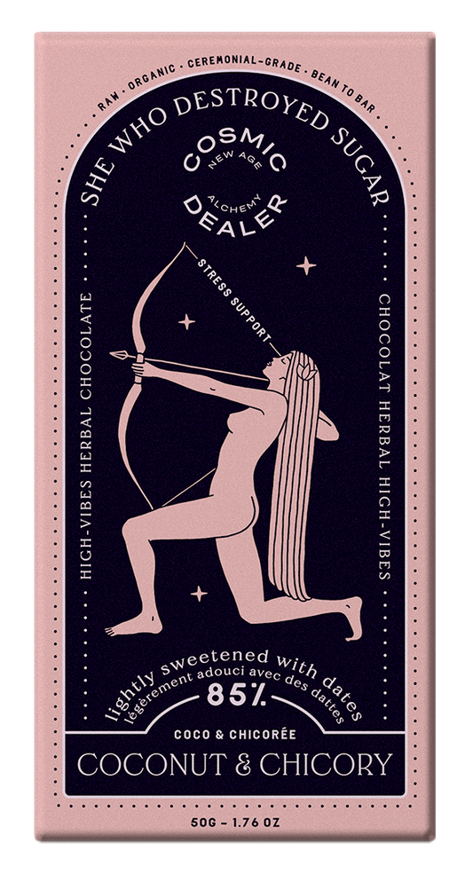 COSMIC DEALER - 85 % Zartbitterschokolade mit Kokosnuss & Chicorée: Unterstützung bei Stress; dargestellt in der Verpackung