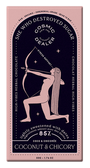 COSMIC DEALER - 85 % Zartbitterschokolade mit Kokosnuss & Chicorée: Unterstützung bei Stress; dargestellt in der Verpackung