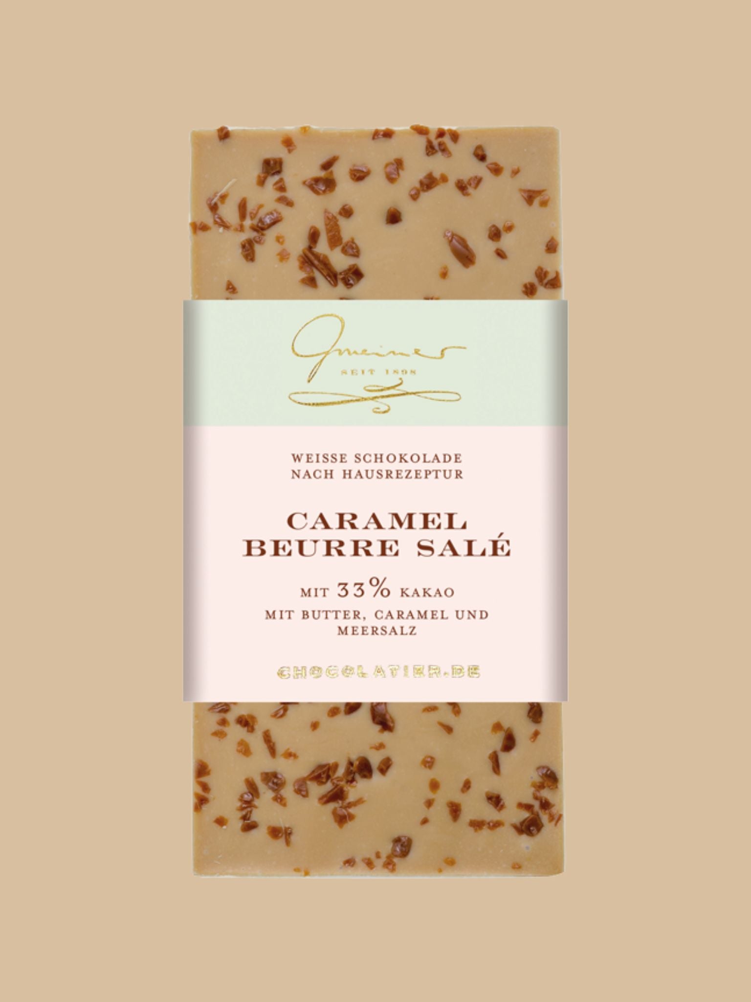 Weiße Tafel Schokolade "Caramel Beurre Salé" mit Karamellsplitter von der Gemeiner Confiserie