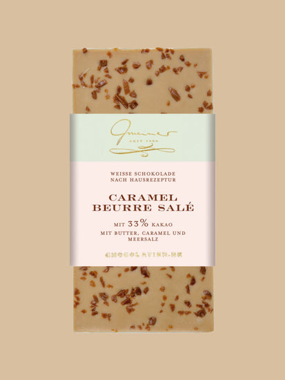 Weiße Tafel Schokolade "Caramel Beurre Salé" mit Karamellsplitter von der Gemeiner Confiserie