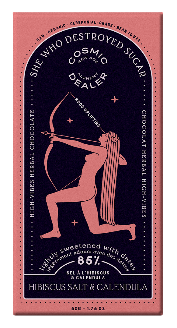 COSMIC DEALER - 85 % Zartbitterschokolade mit Hibiskussalz & Ringelblume: stimmungsaufhellend; dargestellt in der Verpackung