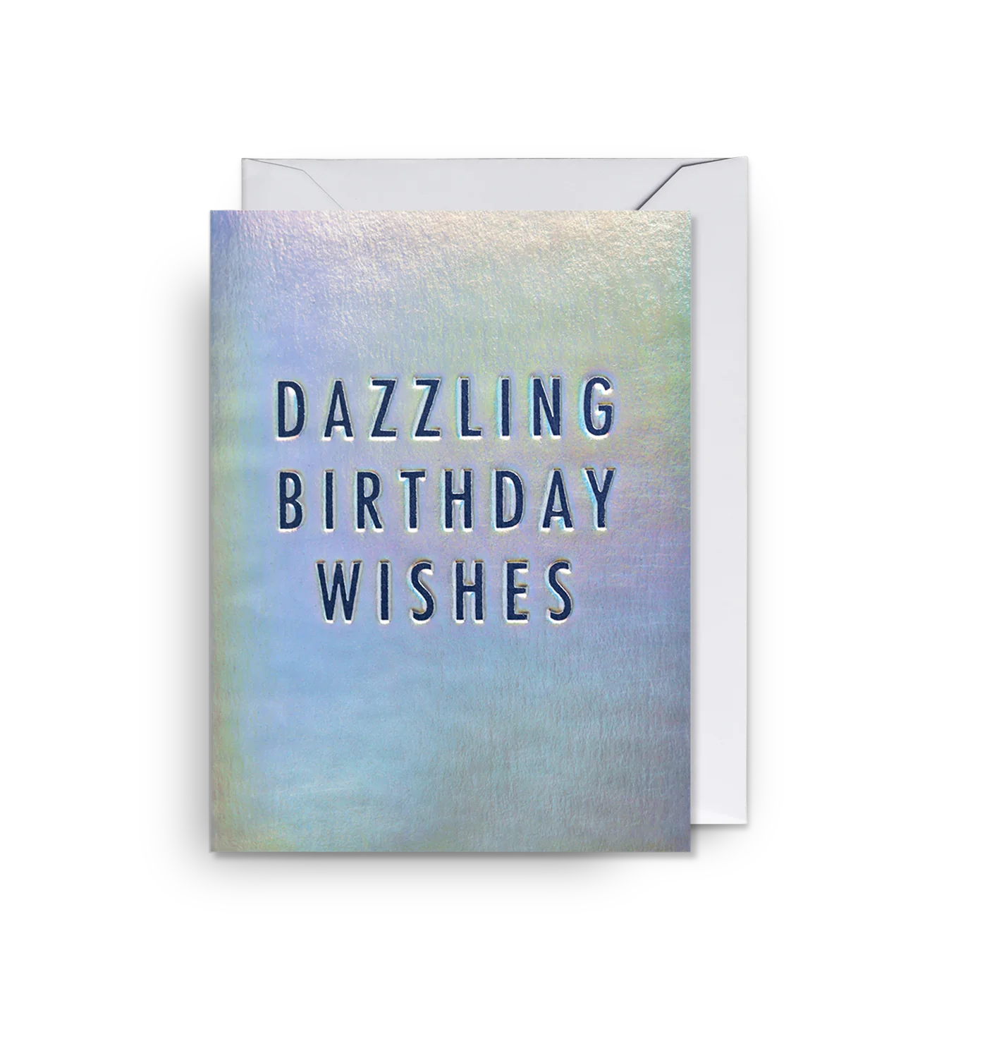 Mini-Grußkarte "DAZZLING BIRTHDAY WISHES" von Lagom Design in einem schimmernden, irisierenden Hintergrund mit blauer Schrift