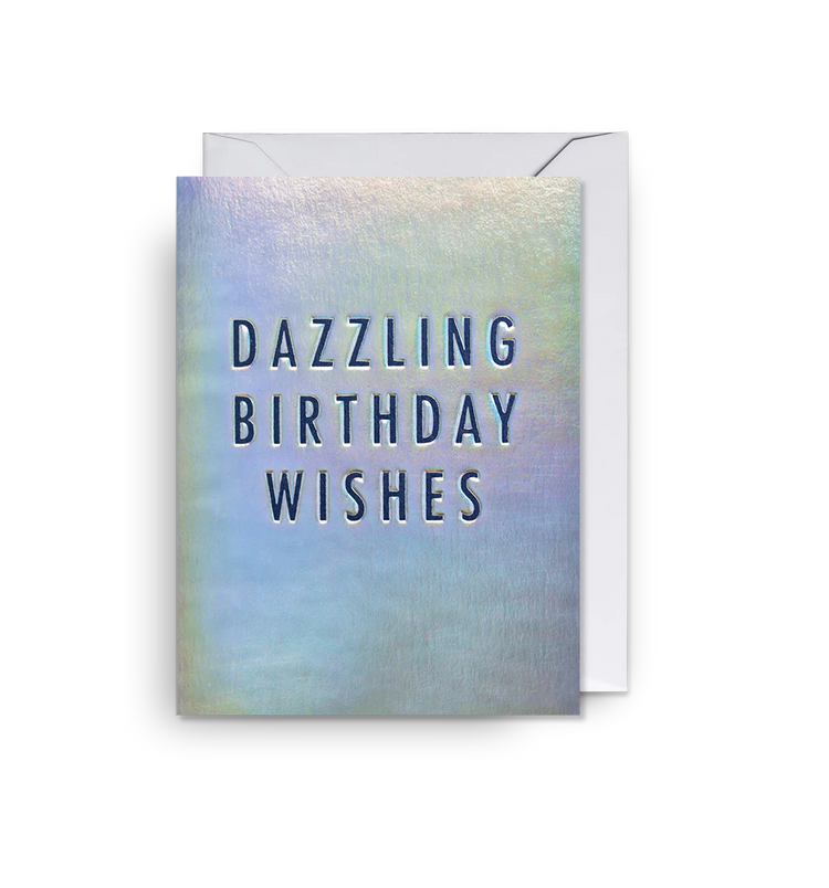 Mini-Grußkarte "DAZZLING BIRTHDAY WISHES" von Lagom Design in einem schimmernden, irisierenden Hintergrund mit blauer Schrift