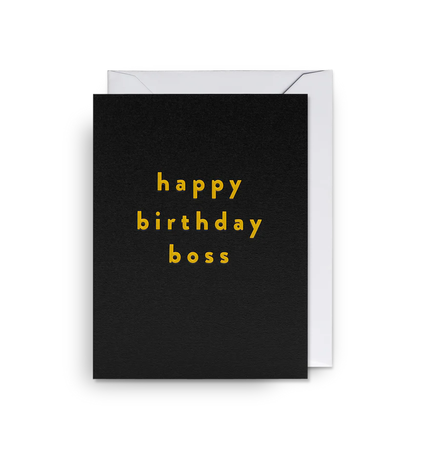 Mini-Grußkarte "happy birthday boss" von Lagom Design (schwarzer Hintergund und gelbe Schrift)