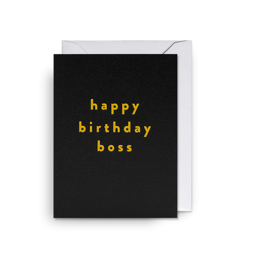 Mini-Grußkarte "happy birthday boss" von Lagom Design (schwarzer Hintergund und gelbe Schrift)