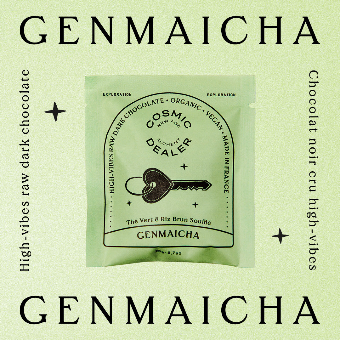 Cosmic Dealer  4er Box - Chakra Schokoladen-Täfelchen Grüner Tee & gepuffter brauner Reis in der Verpackung