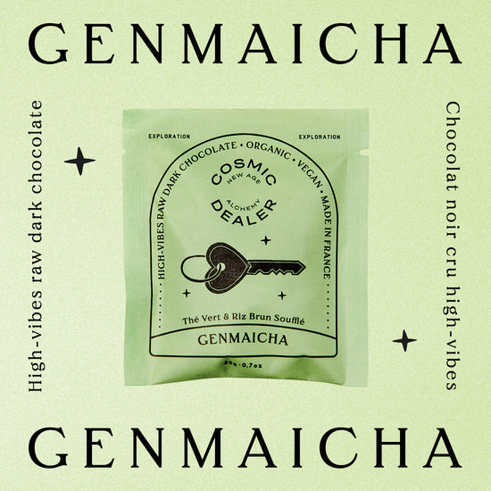 Cosmic Dealer  4er Box - Chakra Schokoladen-Täfelchen Grüner Tee & gepuffter brauner Reis in der Verpackung