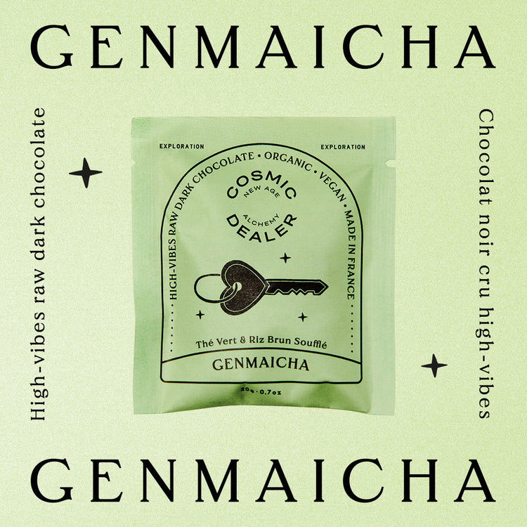 Cosmic Dealer  4er Box - Chakra Schokoladen-Täfelchen Grüner Tee & gepuffter brauner Reis in der Verpackung