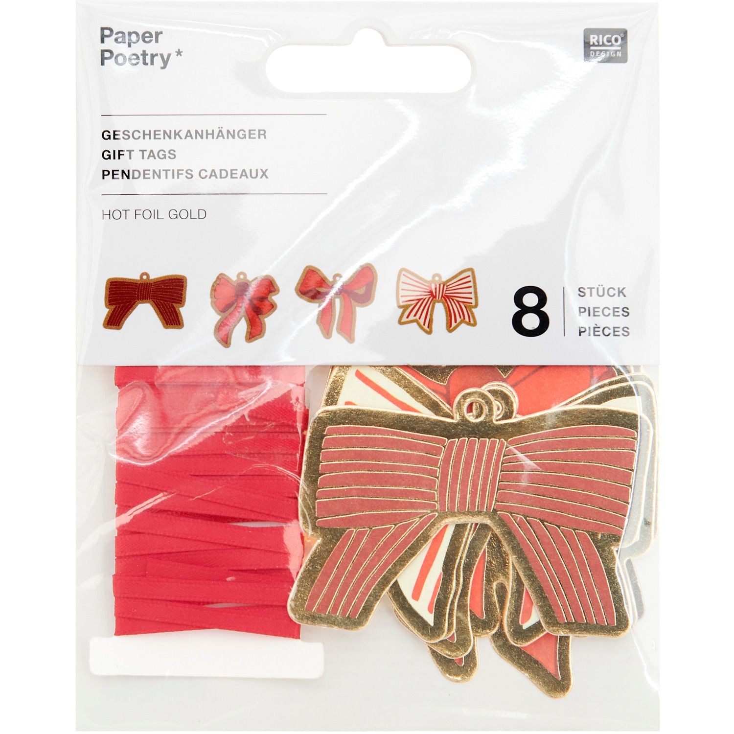 Geschenkanhänger S Schleifen Classic mit rotem Geschenkband  in einer Verpackung
