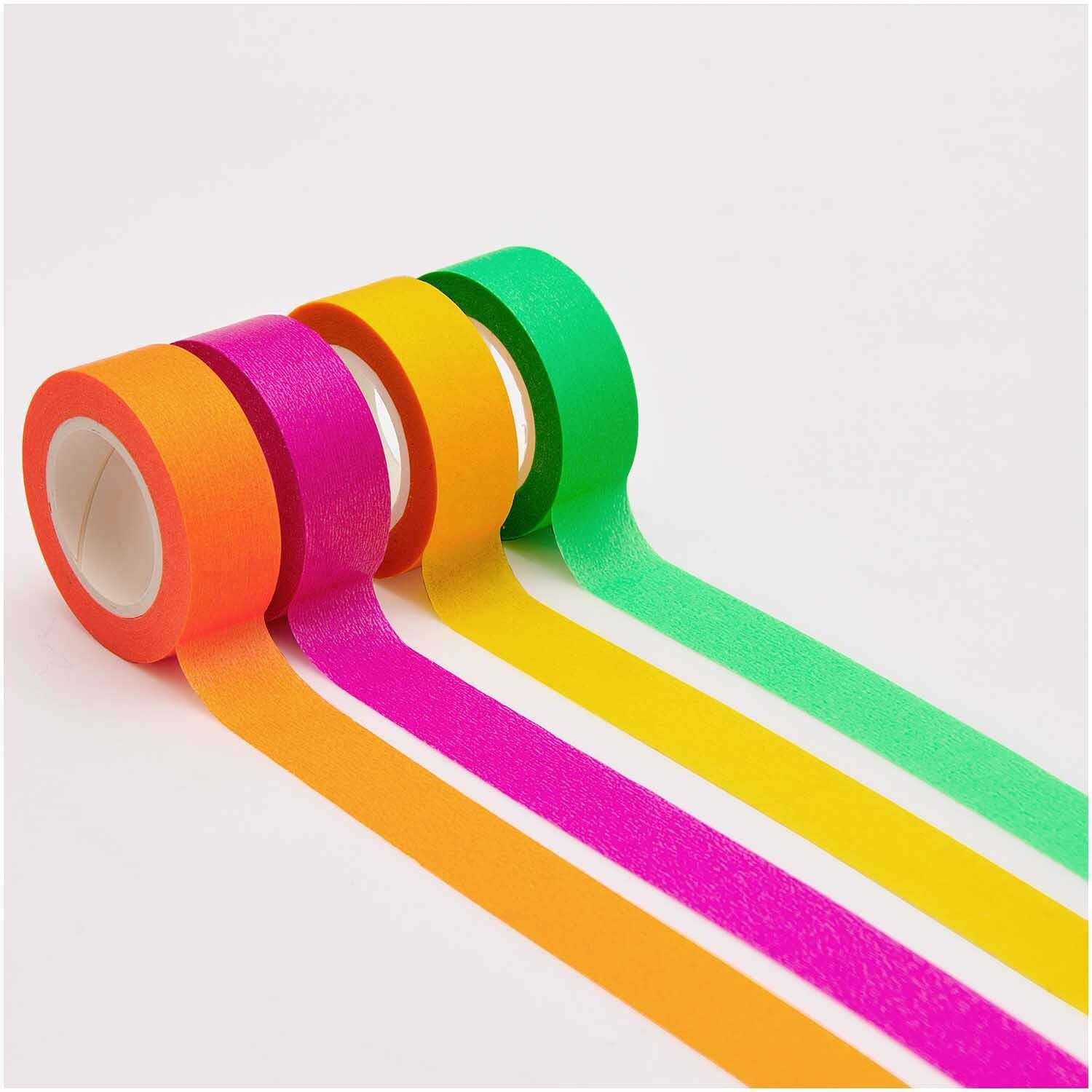 Washi Tape Set Neon klassisch, 4-teilig, Pink, Orange, Gelb, Grün in geklebter Version