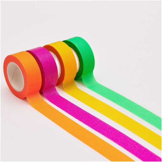 Washi Tape Set Neon klassisch, 4-teilig, Pink, Orange, Gelb, Grün in geklebter Version