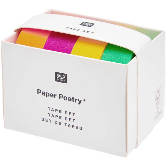 Washi Tape Set Neon klassisch, 4-teilig, Pink, Orange, Gelb, Grün dargestellt in der Verpackung