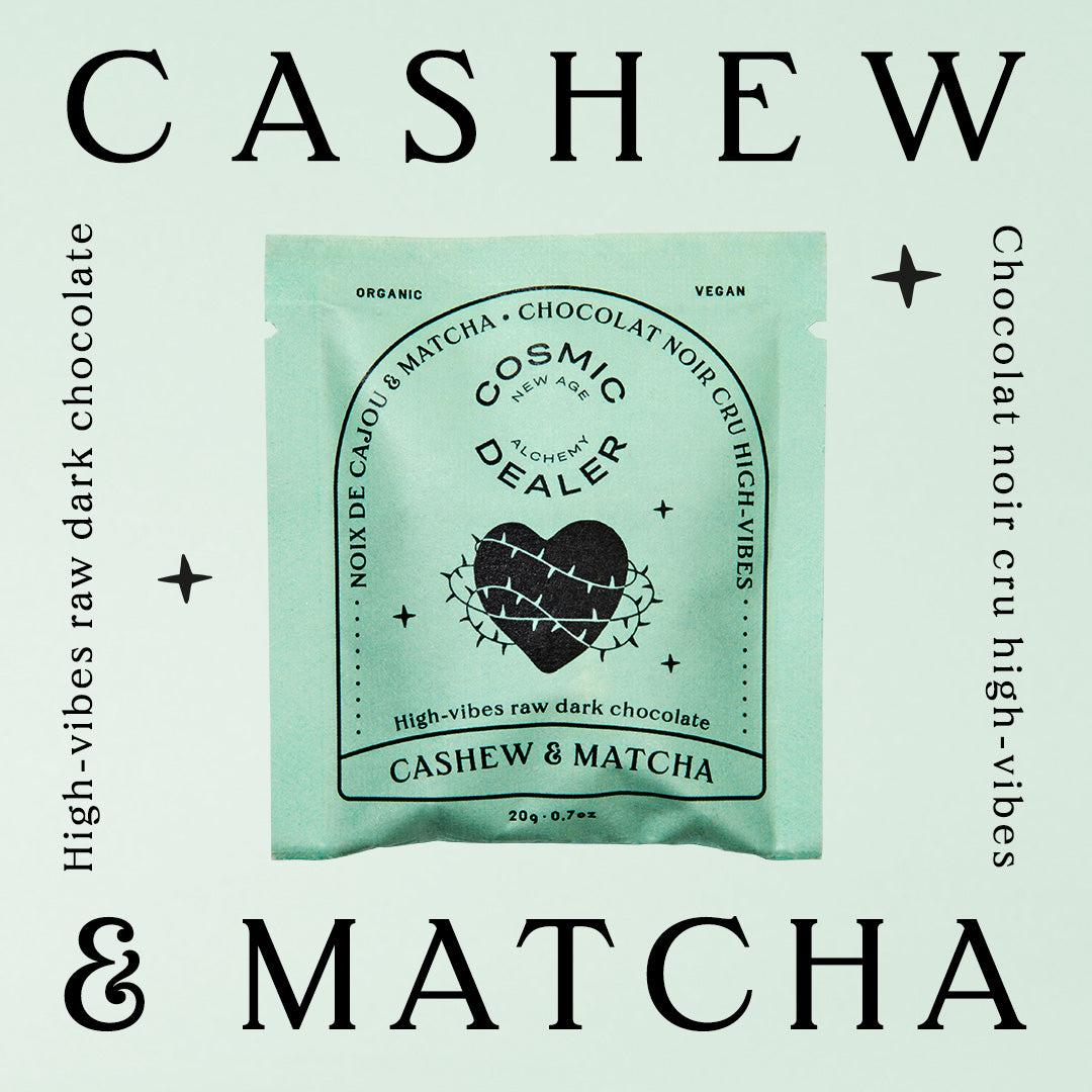 Cosmic Dealer  4er Box - Chakra Schokoladen-Täfelchen Cashew & Matcha in der Verpackung